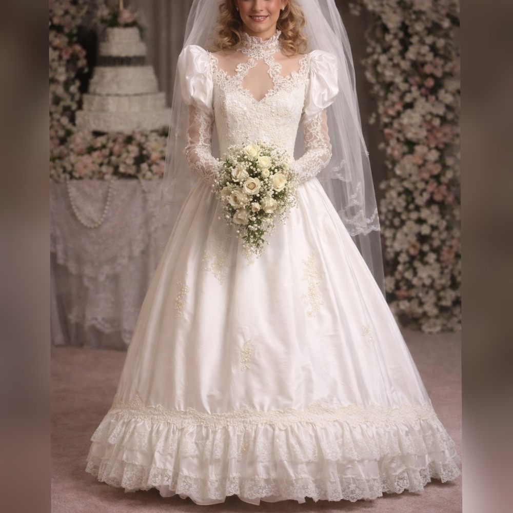 Unbranded Vintage 80s Ivory Taffeta Hi Neck Long Sleeve Wedding Dress sz 4